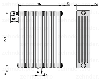 Схема (чертеж) Радиатор Zehnder Charleston 5250/12 №V007 Белый глянцевый RAL 9016